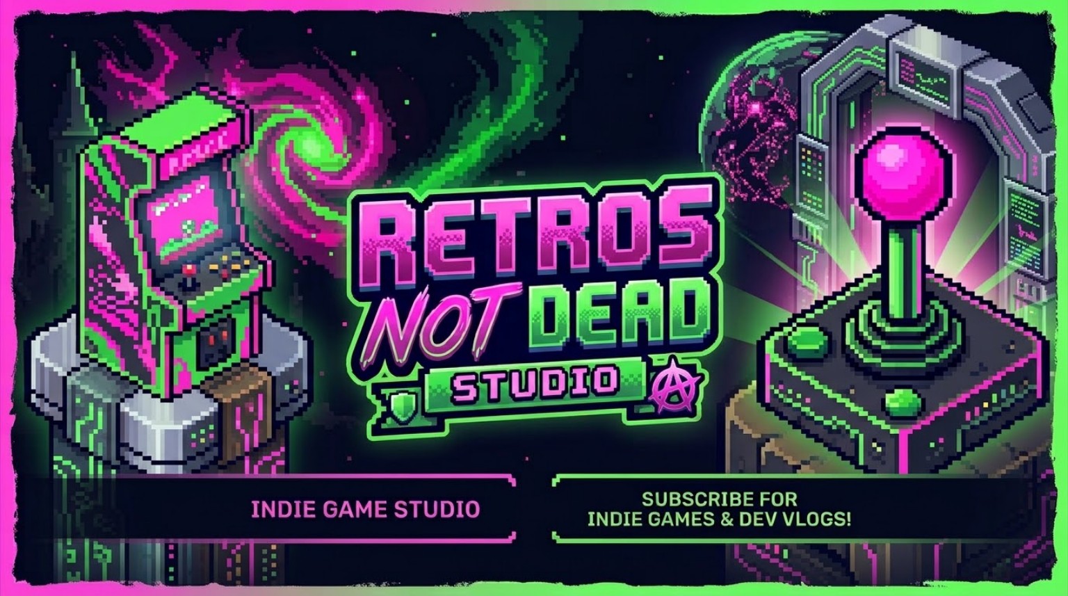 Retros Not Dead Studio retro pixel-art arcade banner